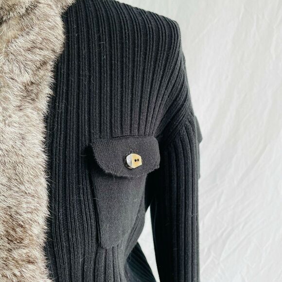 Jamie Sadock Cardigan Sweater Fur Trim Rubbed Black Long Sleeve Size Small Comfy - Picture 5 of 9